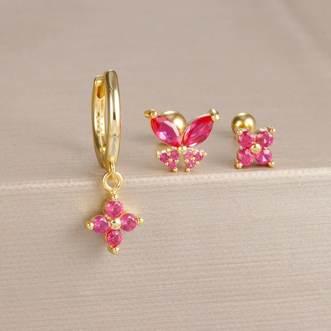 Orecchini a Cerchio e a Bottone in Rame Placcato Oro Con Strass Ciliegia Farfalla Fiore Con Perno in Argento Gioielli Donna