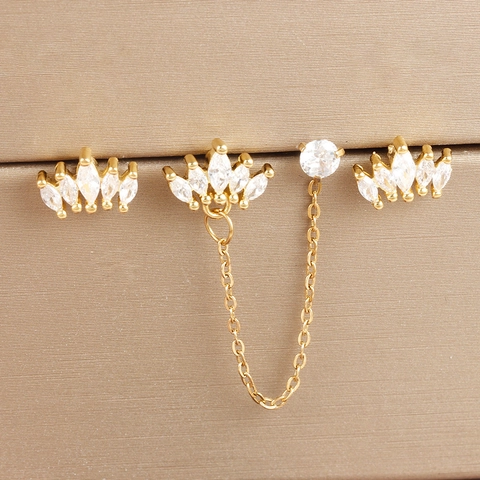 Women Copper Crown Rhinestone Earrings Chain Tassel Marquise Inlaid Stud Earrings Gold Silver Fashion Jewelry Collection