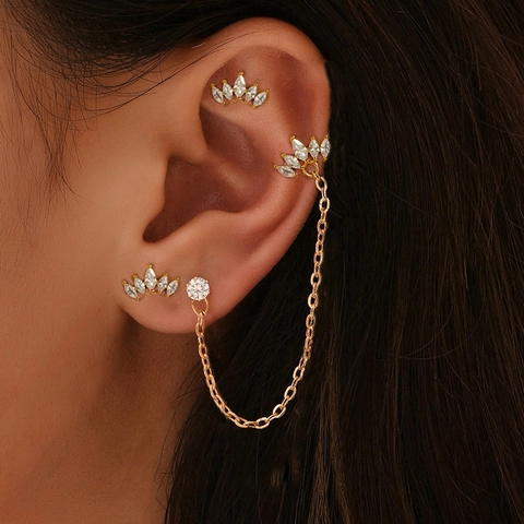 Women Copper Crown Rhinestone Earrings Chain Tassel Marquise Inlaid Stud Earrings Gold Silver Fashion Jewelry Collection