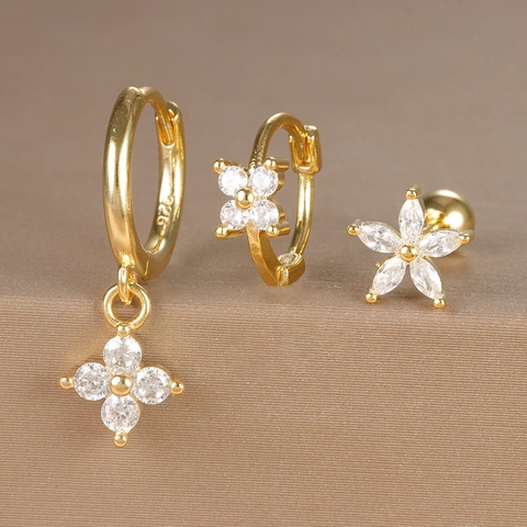 Copper Zirconia Flower Moon Star Hoop Stud Earrings With 925 Sterling Silver Earring Post Gold Silver Fashion Jewelry For Women