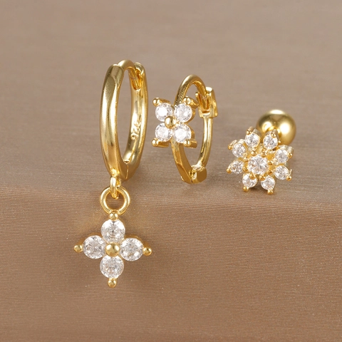 Luxury Copper Zirconia Floral Geometric Stud Earrings Set Elegant Gold Silver Zircon Earring Jewelry For Women Party Gift