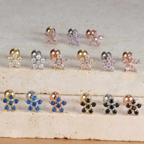Stainless Steel Flower Screw Back Stud Earrings For Women Rhinestone Helix Piercing Jewelry Gold Silver Floral Earring