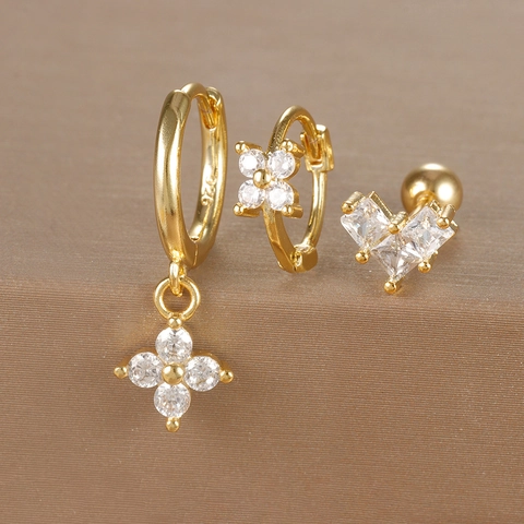 Luxury Copper Zirconia Floral Geometric Stud Earrings Set Elegant Gold Silver Zircon Earring Jewelry For Women Party Gift