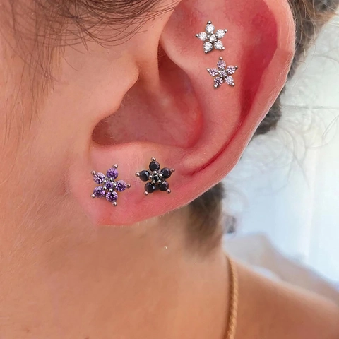 Stainless Steel Flower Screw Back Stud Earrings For Women Rhinestone Helix Piercing Jewelry Gold Silver Floral Earring