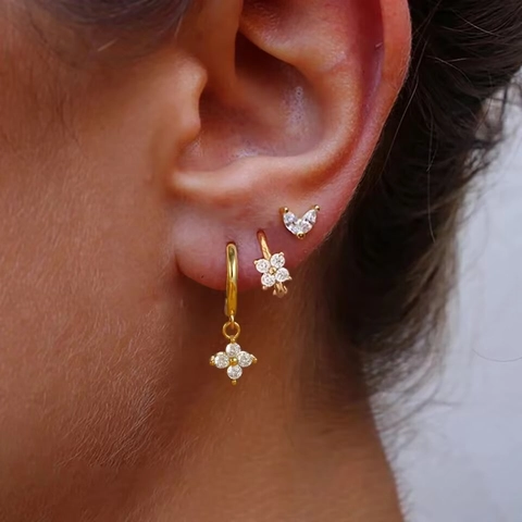 Copper Zirconia Flower Moon Star Hoop Stud Earrings With 925 Sterling Silver Earring Post Gold Silver Fashion Jewelry For Women