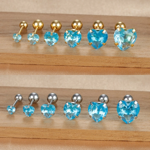 Stainless Steel Heart Stud Earrings Blue Rhinestone Inlaid Screw Ball Back Cartilage Piercing Jewelry Women Trendy Earring