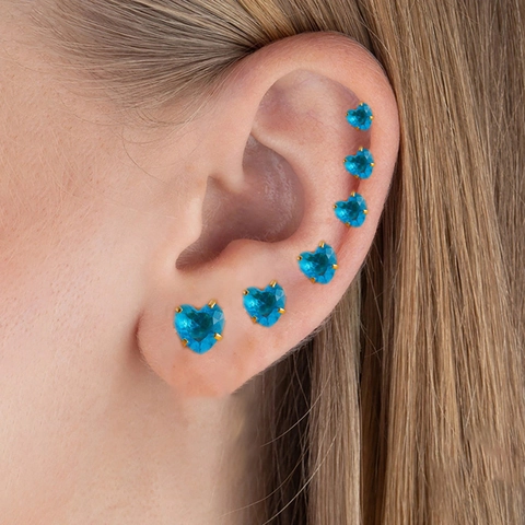 Stainless Steel Heart Stud Earrings Blue Rhinestone Inlaid Screw Ball Back Cartilage Piercing Jewelry Women Trendy Earring