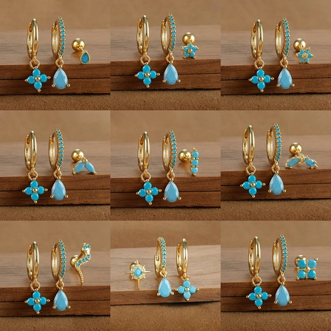 Boho Copper Turquoise Dangle Hoop Earring Set With 925 Sterling Silver Earring Post Gold Silver Flower Drop Jewelry For Women
