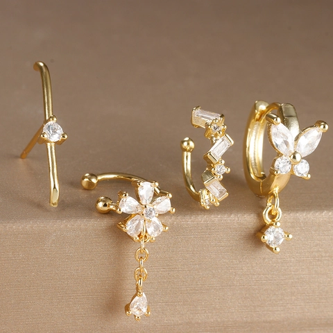 Women Zirconia Copper Earring Collection Gold Silver Plated Flower Butterfly Tassel Ear Cuff Stud Jewelry For Daily Wear Party