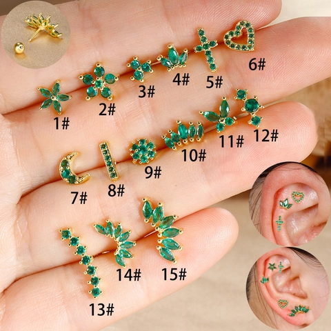 Stainless Steel Green Rhinestone Cartilage Earrings Gold Screw Back Ball Ear Stud Crown Heart Cross Piercing Jewelry For Women