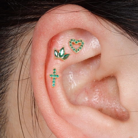 Stainless Steel Green Rhinestone Cartilage Earrings Gold Screw Back Ball Ear Stud Crown Heart Cross Piercing Jewelry For Women