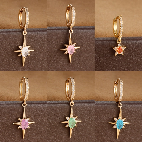 Vintage Octagram Star Earrings For Women Elegant Rhinestone Inlaid Gold Plated North Star Hoop Earrings Daily Party Fashion Jewelry