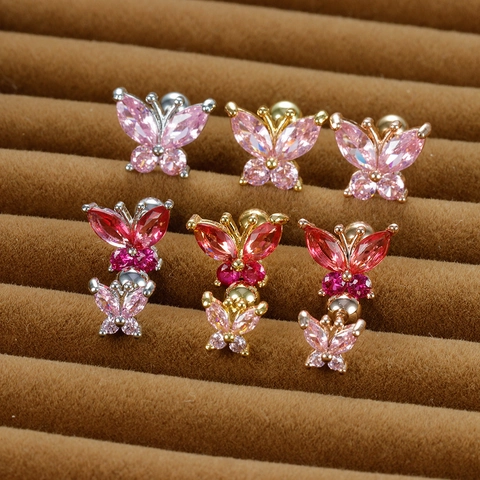 Stainless Steel Butterfly Cartilage Stud Earrings For Women Shiny Rhinestone Inlaid Piercing Jewelry With Screw Ball Back