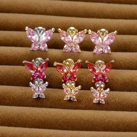 Stainless Steel Butterfly Cartilage Stud Earrings For Women Shiny Rhinestone Inlaid Piercing Jewelry With Screw Ball Back