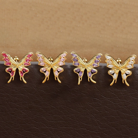 Trendy 316L Stainless Steel Butterfly Stud Earrings For Women Gold Plated Marquise Rhinestone Piercing Screw Back Jewelry