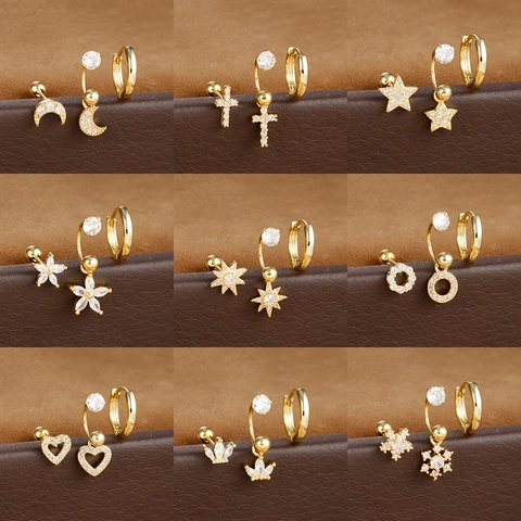 Boucles d'Oreilles Clous Pendentif Cœur Croix Étoile Lune en Zirconia Laiton Avec Tige en Argent Sterling 925 Bijoux Femme