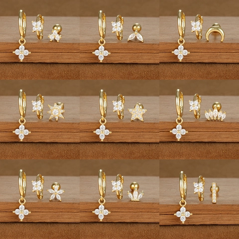 Fashion Copper Zirconia Star Moon Flower Stud Earrings Set With 925 Sterling Silver Earring Post For Women Jewelry Gift