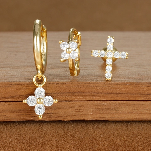 Fashion Copper Zirconia Star Moon Flower Stud Earrings Set With 925 Sterling Silver Earring Post For Women Jewelry Gift