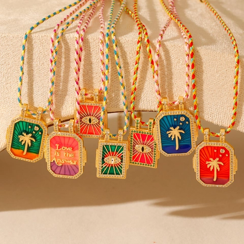 Collier Pendentif Carte de Tarot Bohémien Acier Inoxydable Émail Zirconium Mauvais Œil Palmier Rectangulaire Corde Tressée Bijoux Cadeau pour Femme