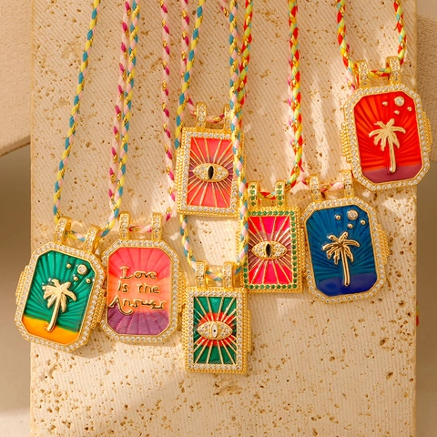 Collier Pendentif Carte de Tarot Bohémien Acier Inoxydable Émail Zirconium Mauvais Œil Palmier Rectangulaire Corde Tressée Bijoux Cadeau pour Femme