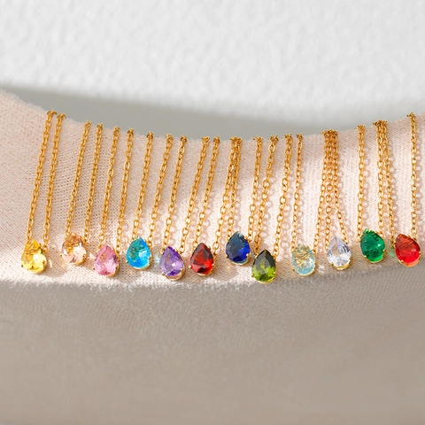 Collier Pendentif Pierre de Naissance en Zircone Goutte d'Eau Acier Inoxydable Plaqué Or 18K pour Femme 12 Mois Bijoux