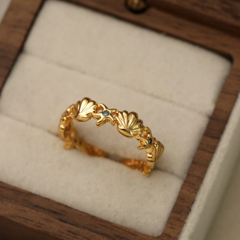 Bague Tortue de Mer Étoile de Mer Coquille en Cuivre Plaqué Or 18K Zirconia Bijoux de Plage Vacances Bague Ouverte Ajustable