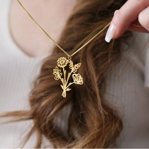 Collier Bouquet de Fleurs de Naissance Personnalisé en Acier Inoxydable Plaqué Or Véritable Bijoux Pour Femmes