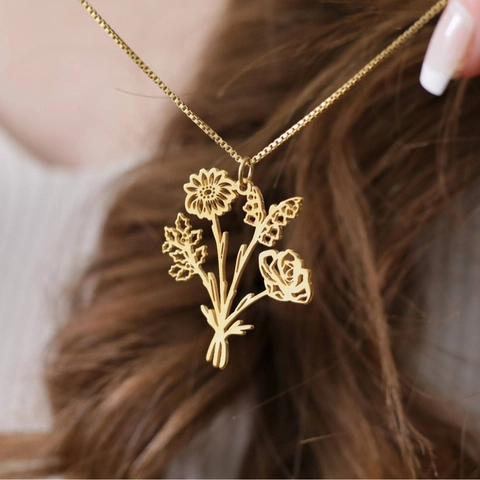 Collier Bouquet de Fleurs de Naissance Personnalisé en Acier Inoxydable Plaqué Or Véritable Bijoux Pour Femmes