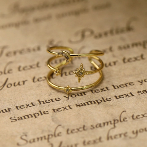 Bague Ouverte en Cuivre Zircone Cœur Étoile Lune Pour Femme Vintage Plaqué Or 18K Réglable Pierre Oeil de Chat Bijoux