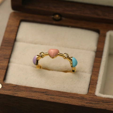 Bague Ouverte Réglable en Émail Coloré et Zircon pour Femme Cuivre Plaqué Or Cœur Marquise Mauvais Œil Bijoux de Mode Style Ins