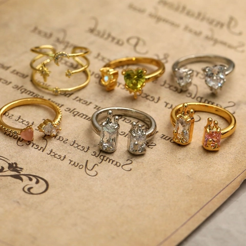Bague Ouverte en Cuivre Zircone Cœur Étoile Lune Pour Femme Vintage Plaqué Or 18K Réglable Pierre Oeil de Chat Bijoux