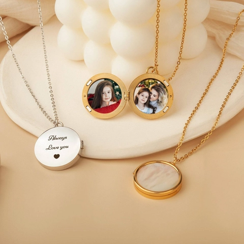 Stainless Steel Locket Necklace For Women Natural Mother Of Artificial Pearl Photo Frame Pendant Round Square Shape Jewelry Gift