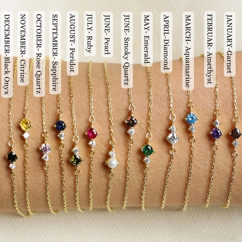 Bracelet Pierre de Naissance en Cuivre Plaqué Or 18K pour Femme Bracelet Charme Rond en Zirconia Chaîne à Maillons Réglable Bijoux Cadeau