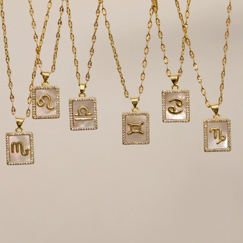 Collier Pendentif en Cuivre Plaqué Or 18K Zodiaque Nacre Rectangulaire Incrusté de Strass Bijoux de Mode pour Femmes