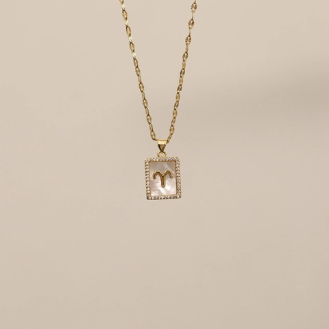 Collier Pendentif en Cuivre Plaqué Or 18K Zodiaque Nacre Rectangulaire Incrusté de Strass Bijoux de Mode pour Femmes