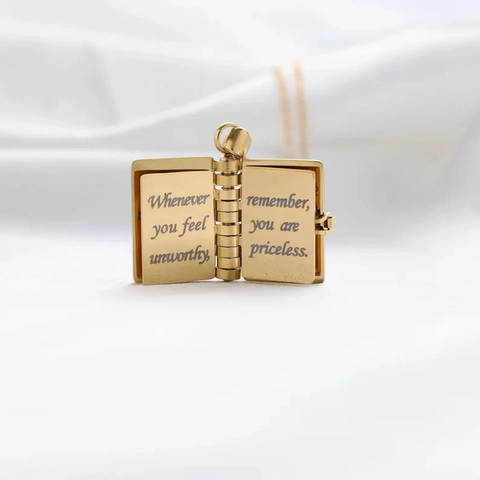 Stainless Steel Book Locket Necklace For Daughter Heart Pattern Inscribed Photo Album Pendant Necklace Gift For Women Girls Jewelry