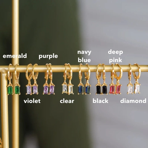 Elegant Birthstone Hoop Earrings Copper Gold Plated Rectangle Rhinestone Drop Earrings For Women Geometric Jewelry Birthday Gift