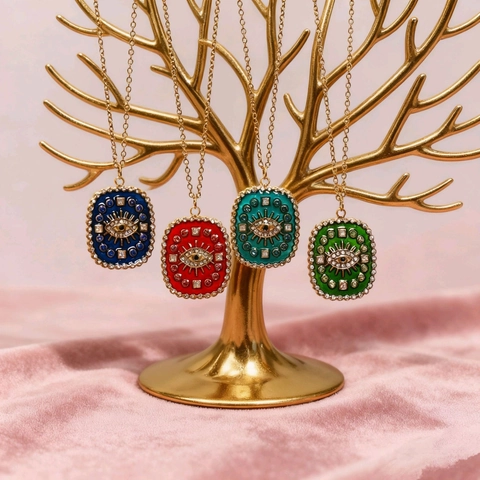 Vintage Schutzauge Anhänger Halskette Für Damen 304 Edelstahl Echt Vergoldet Rechteck Emaille Zirkonia Schmuck Geschenk