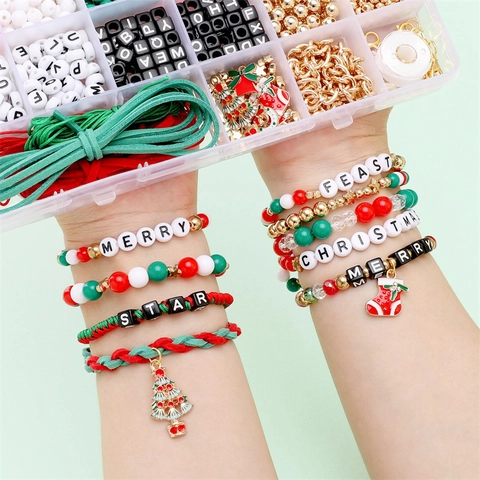 Kit de Creación de Joyas DIY de Navidad Cuentas de Letras Acrílicas Dijes de Aleación para Pulsera Collar Regalo Artesanal