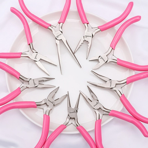 Professional Jewelry Making Pliers Carbon Steel Pink Non-Slip Handle DIY Handmade Tool For Needle Nose Round Nose Diagonal Wire Wrapping