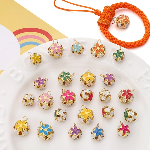 Vintage Floral Iron Hollow Bell Charms Enamel Sakura Pattern Bell For DIY Jewelry Making Keychain Pendant Accessory