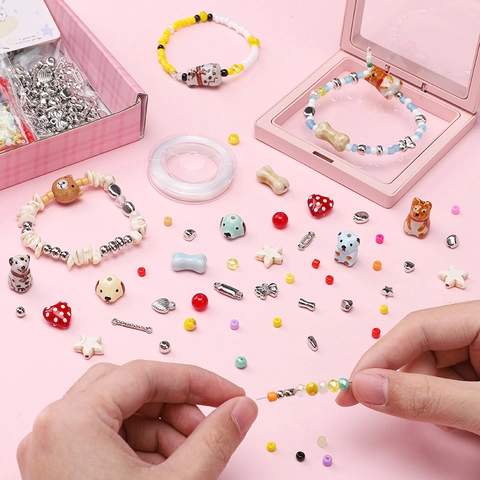 DIY Jewelry Making Kit For Kids Cute Dog Animal Series Handmade Bead Set With Gift Box Glass Resin Beads For Bracelet Necklace