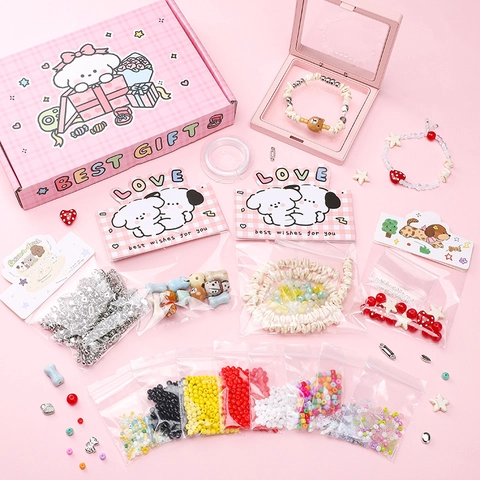 DIY Jewelry Making Kit For Kids Cute Dog Animal Series Handmade Bead Set With Gift Box Glass Resin Beads For Bracelet Necklace