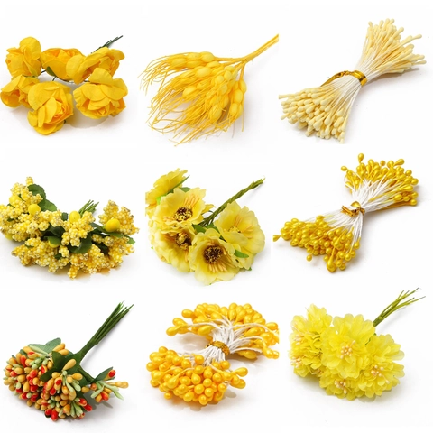 Stami di Fiori Artificiali Gialli Set di Materiale Artigianale Fatto a Mano Bacche di Simulazione Realistiche Per Decorazioni Gioielli Fermagli per Capelli
