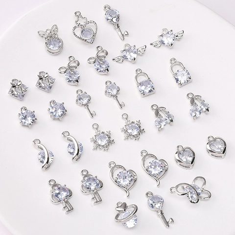 DIY Jewelry Making Alloy Cubic Zirconia Pendants Charms Heart Key Snowflake Butterfly Wings For Necklace Bracelet Accessories