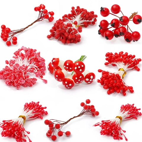 Red Artificial Berries And Stamens Foam Flower For DIY Craft Hair Accessories Christmas Decorative Berries For Wreath Making