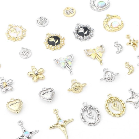 Vintage Alloy Rhinestone Artificial Pearl Pendants Tulip Moon Star Bow Heart Shape DIY Jewelry Making Charms Gold Silver Plated Accessories