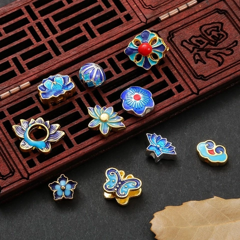Vintage Chinese Style Imitation Cloisonne Enamel Lotus Butterfly Flower Beads Alloy Charms For DIY Jewelry Making Accessories