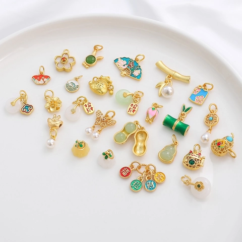 Chinese Stijl Vergulde Legering Emaille Hangers Voor Sieraden Maken DIY Traditioneel Gelukszakje Bloem Charms