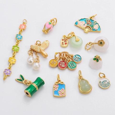 Chinese Style Enamel Copper Charms For DIY Jewelry Making Lucky Symbol Pendants For Bracelet Necklace Accessories